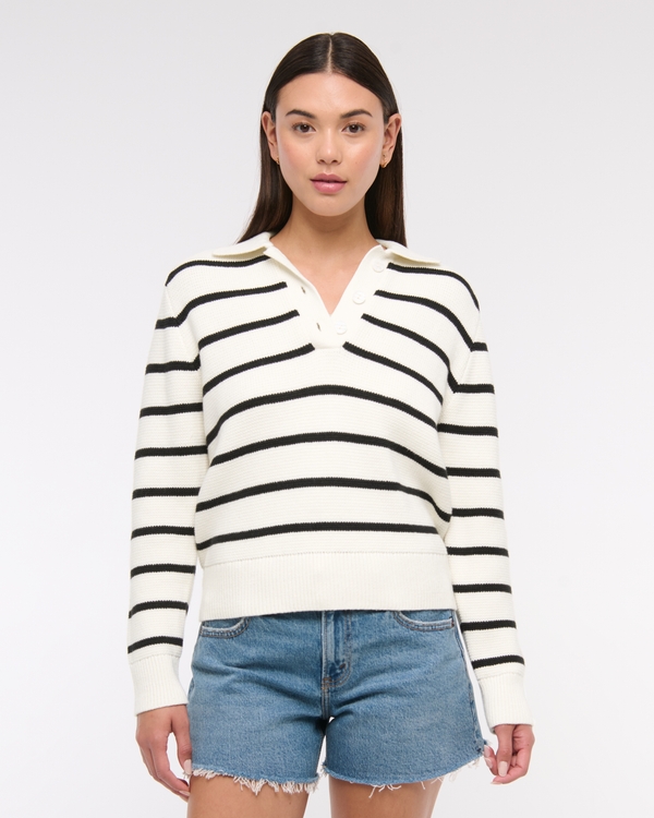 Easy Long-Sleeve Sweater Polo, White Stripe view 1