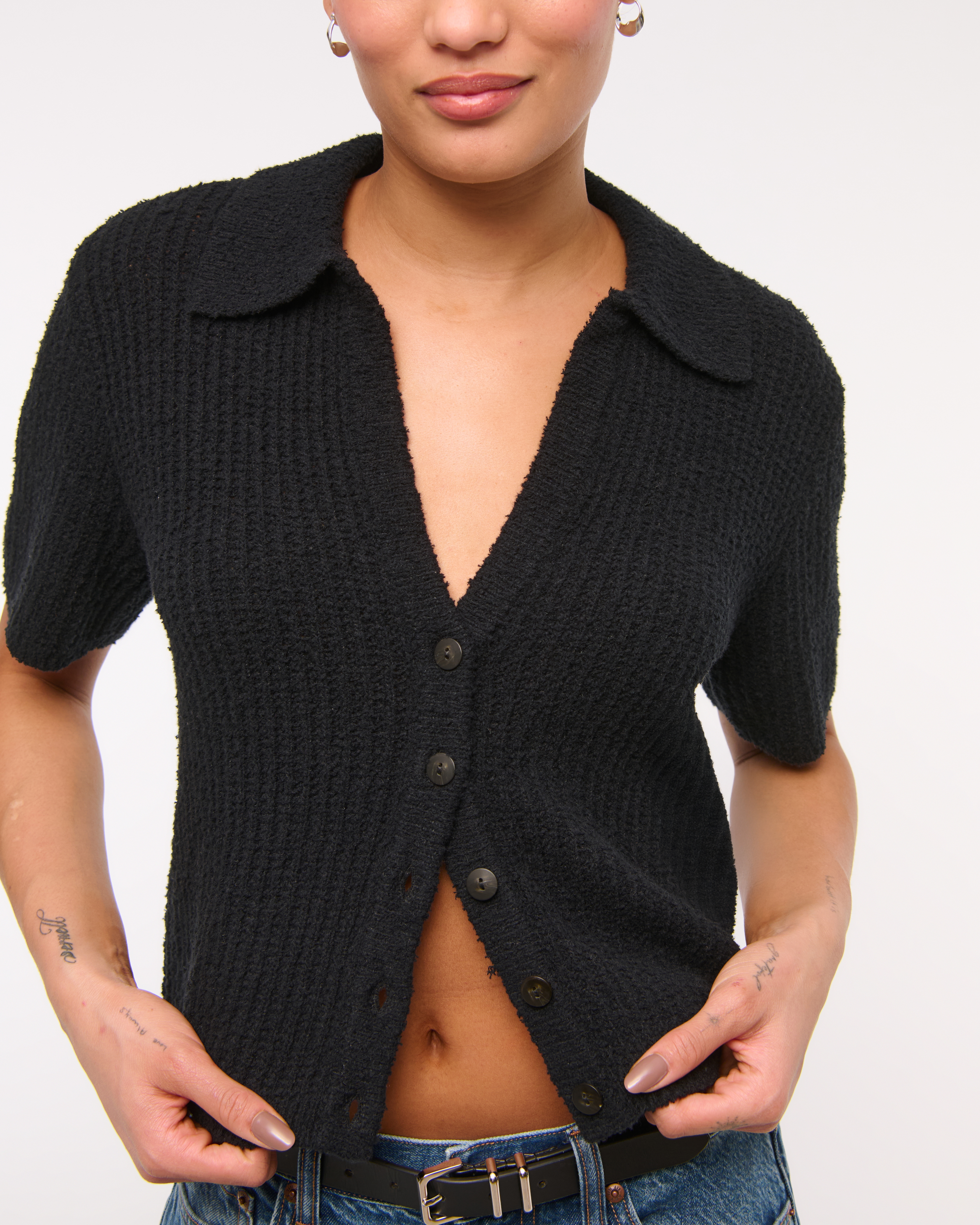 Abercrombie & Fitch Short-sleeve Crochet-style Polo In Black