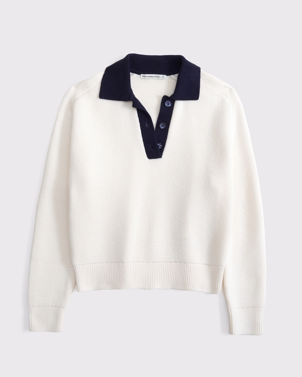 Easy Long-Sleeve Sweater Polo, Cream view 1