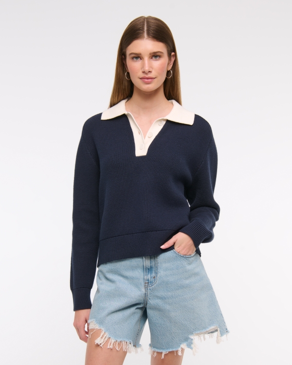 Easy Long-Sleeve Sweater Polo, Dark Indigo view 1