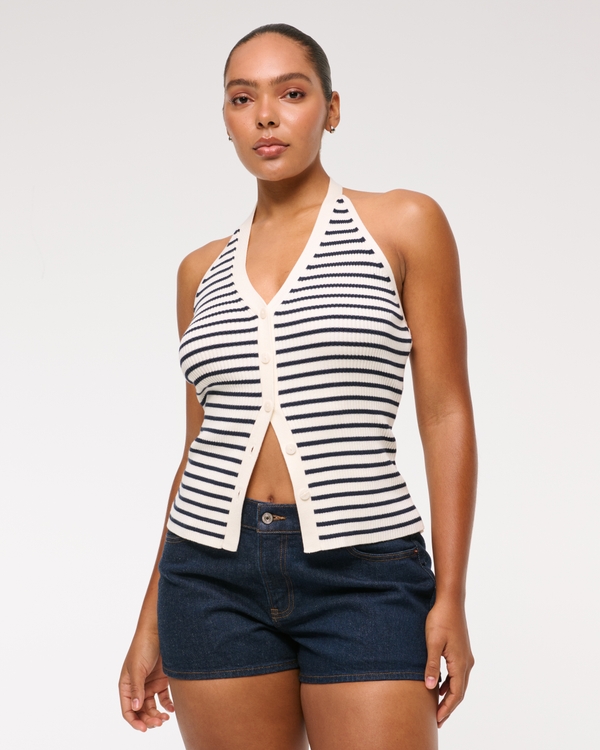 Ribbed Halter Sweater Vest, Navy Stripe view 1