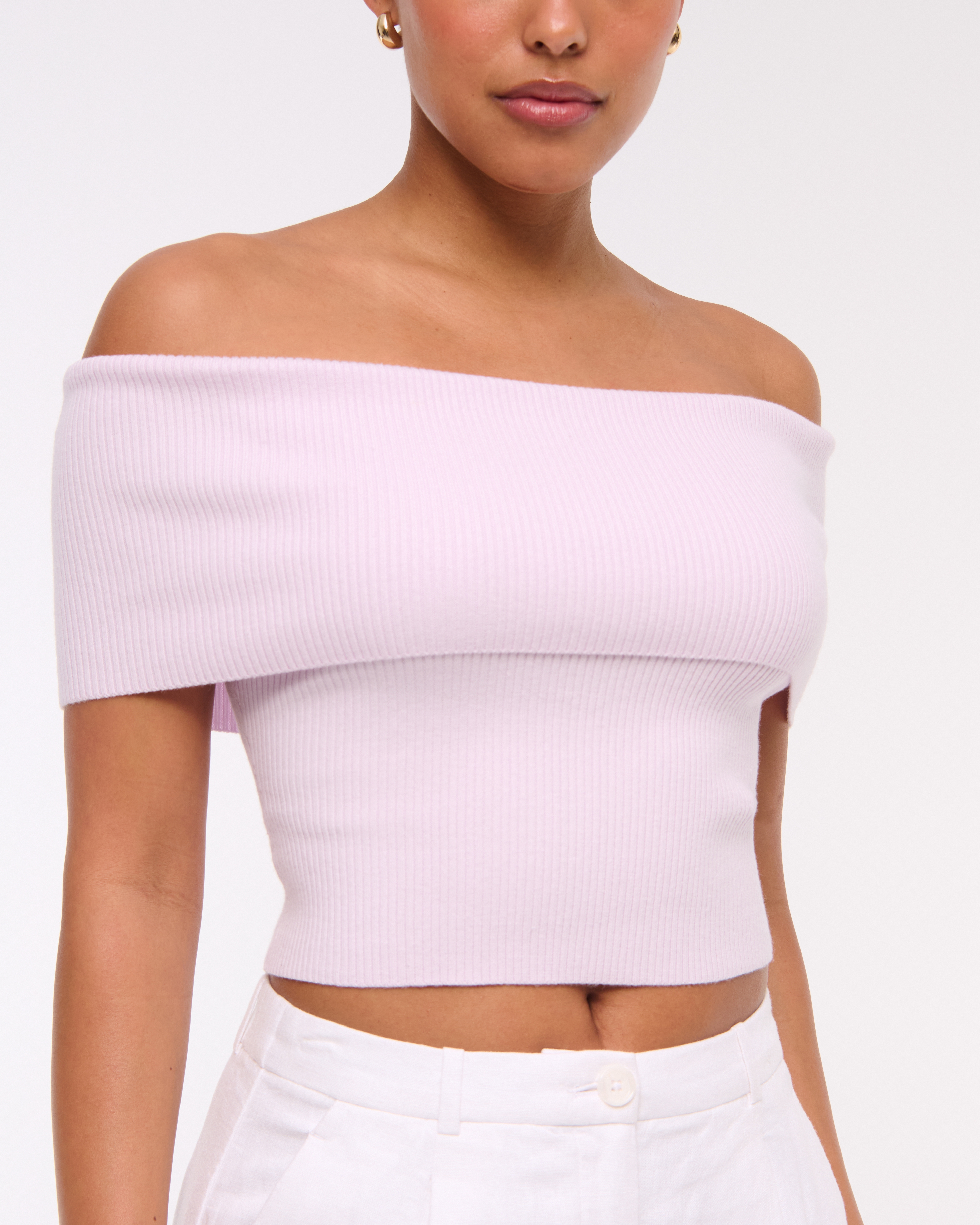 Abercrombie & Fitch Foldover Off-the-shoulder Sweater Top In Pink