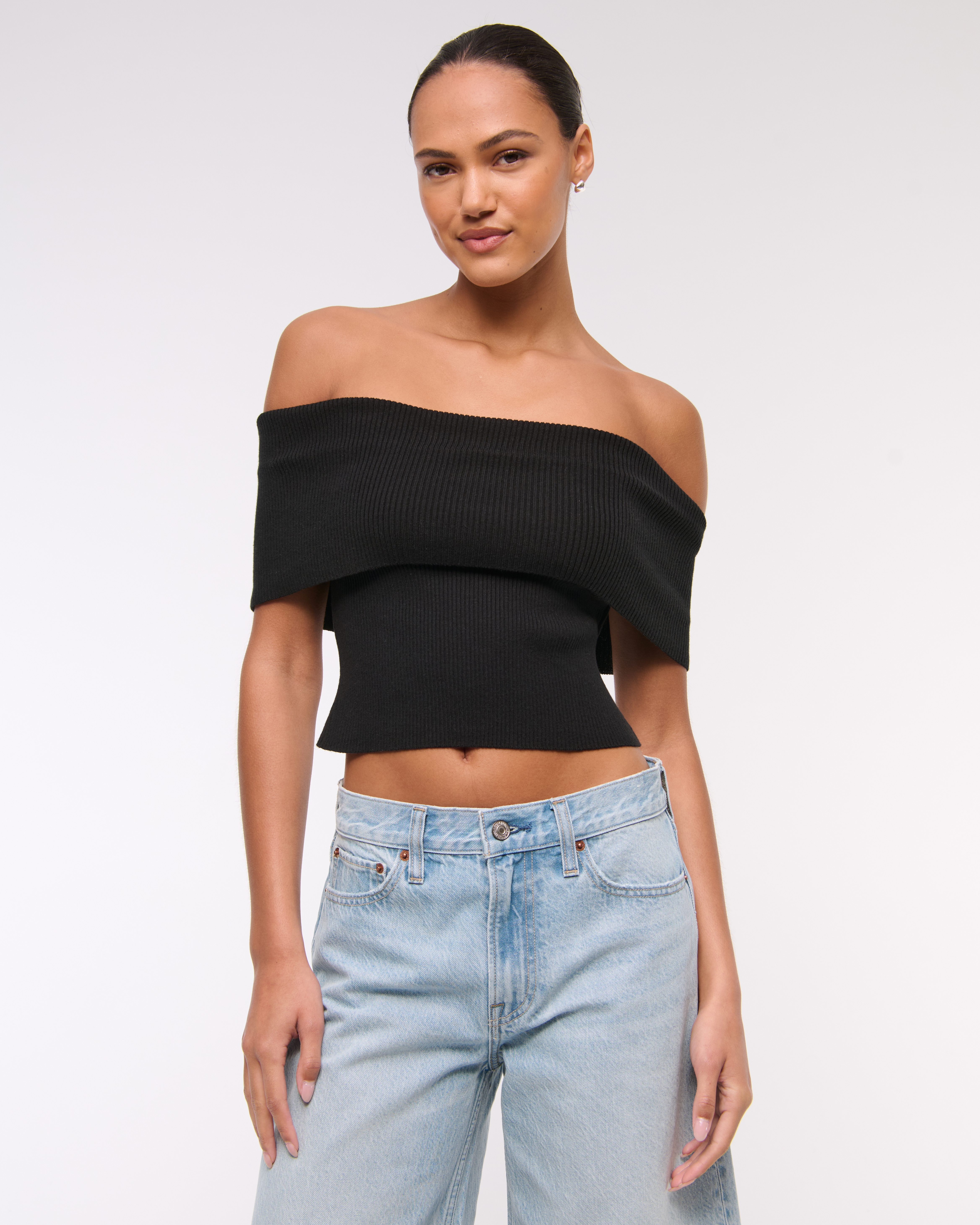 Abercrombie & Fitch Foldover Off-the-shoulder Sweater Top In Black