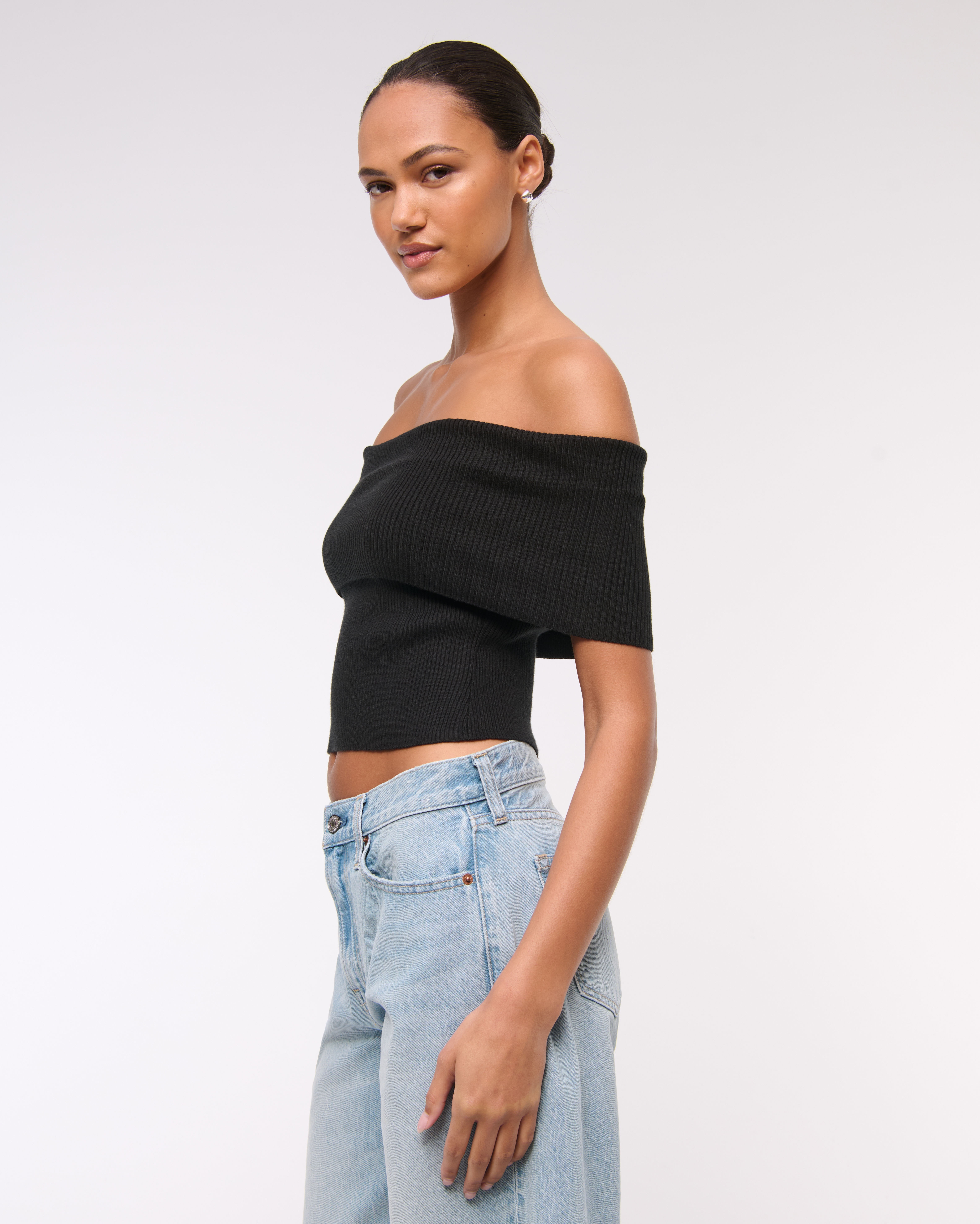 Abercrombie & Fitch Foldover Off-the-shoulder Sweater Top In Black