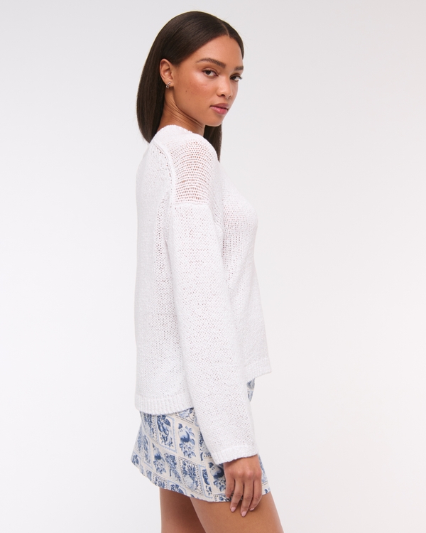 Open-Stitch Textural Crew Sweater