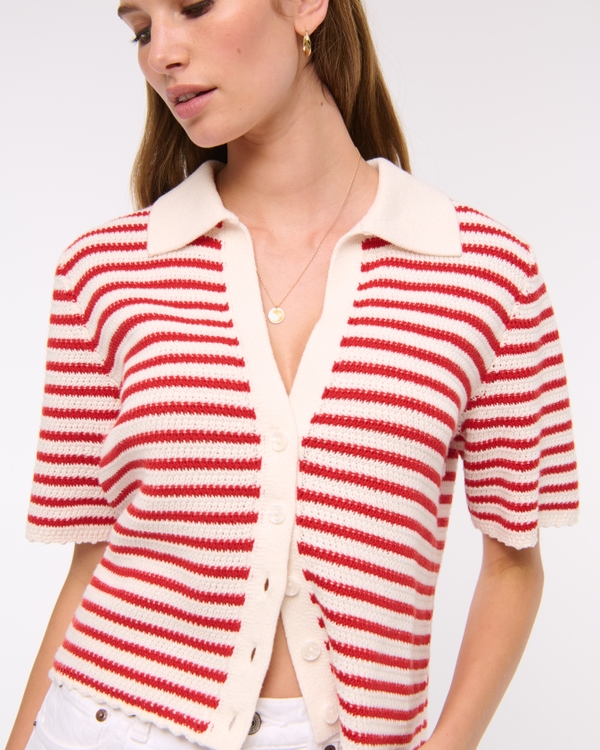 Short-Sleeve Crochet-Style Polo, Red Stripe view 2