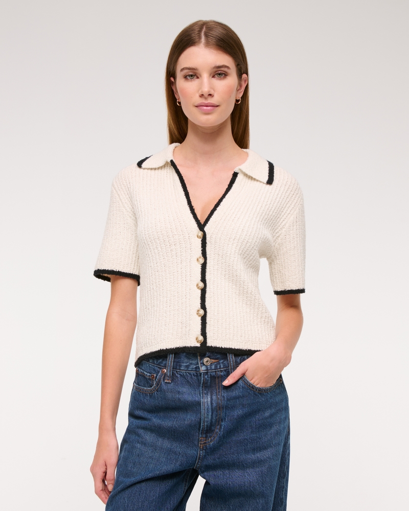 Short-Sleeve Collared Cardigan