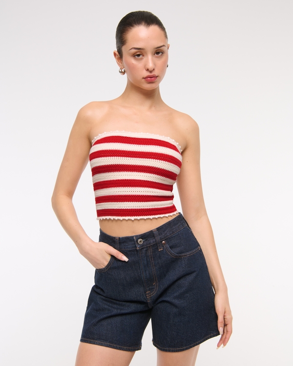 Crochet-Style Tube Top, Red Stripe view 2
