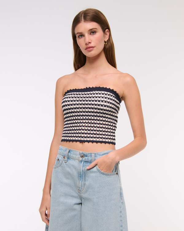 Crochet-Style Tube Top, Navy And White view 1