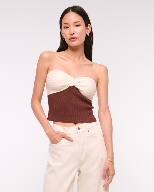 Twist Sweater Tube Top, Brown view 1