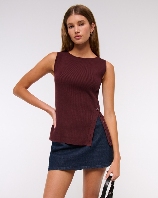 Asymmetrical Button Sweater Tank, Red Wine view 1