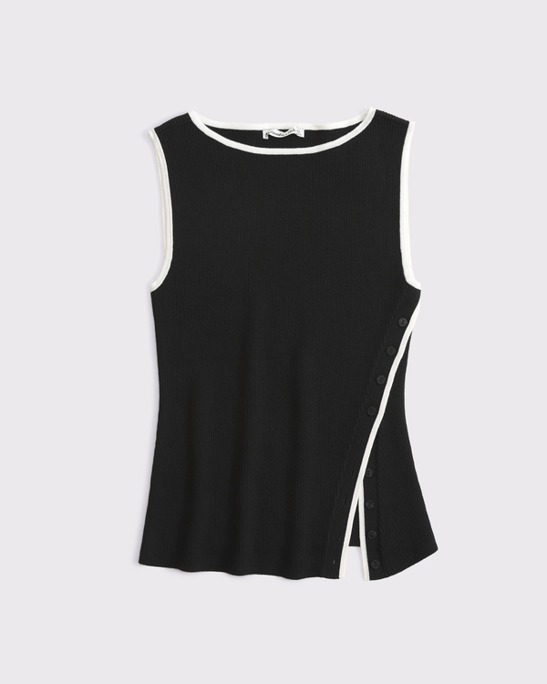 Asymmetrical Button Sweater Tank, Black And Cream view 1