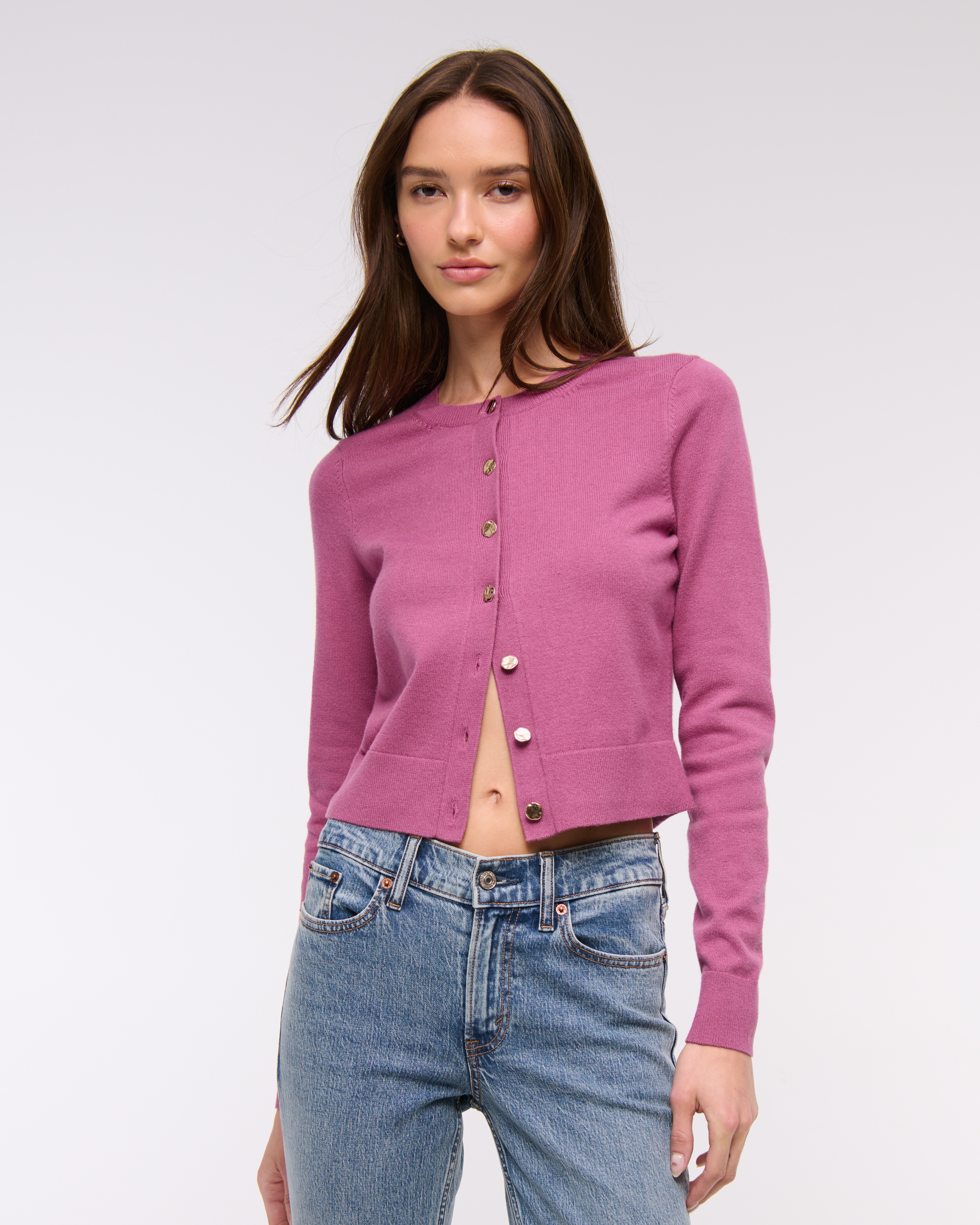 Abercrombie & Fitch Luxeloft Shrunken Crew Cardigan In Purple