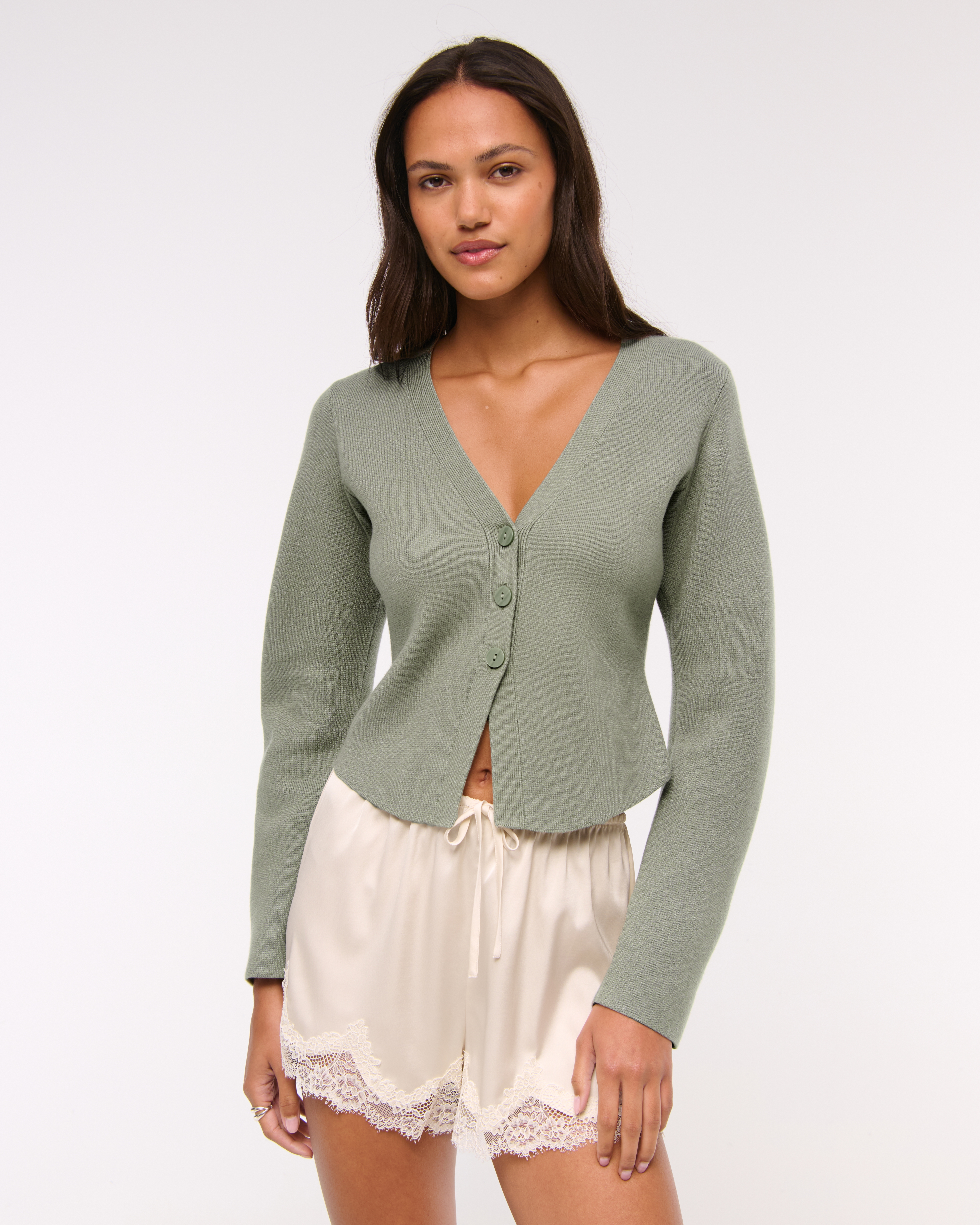 Abercrombie & Fitch Luxeloft Rounded Sleeve Cardigan In Green