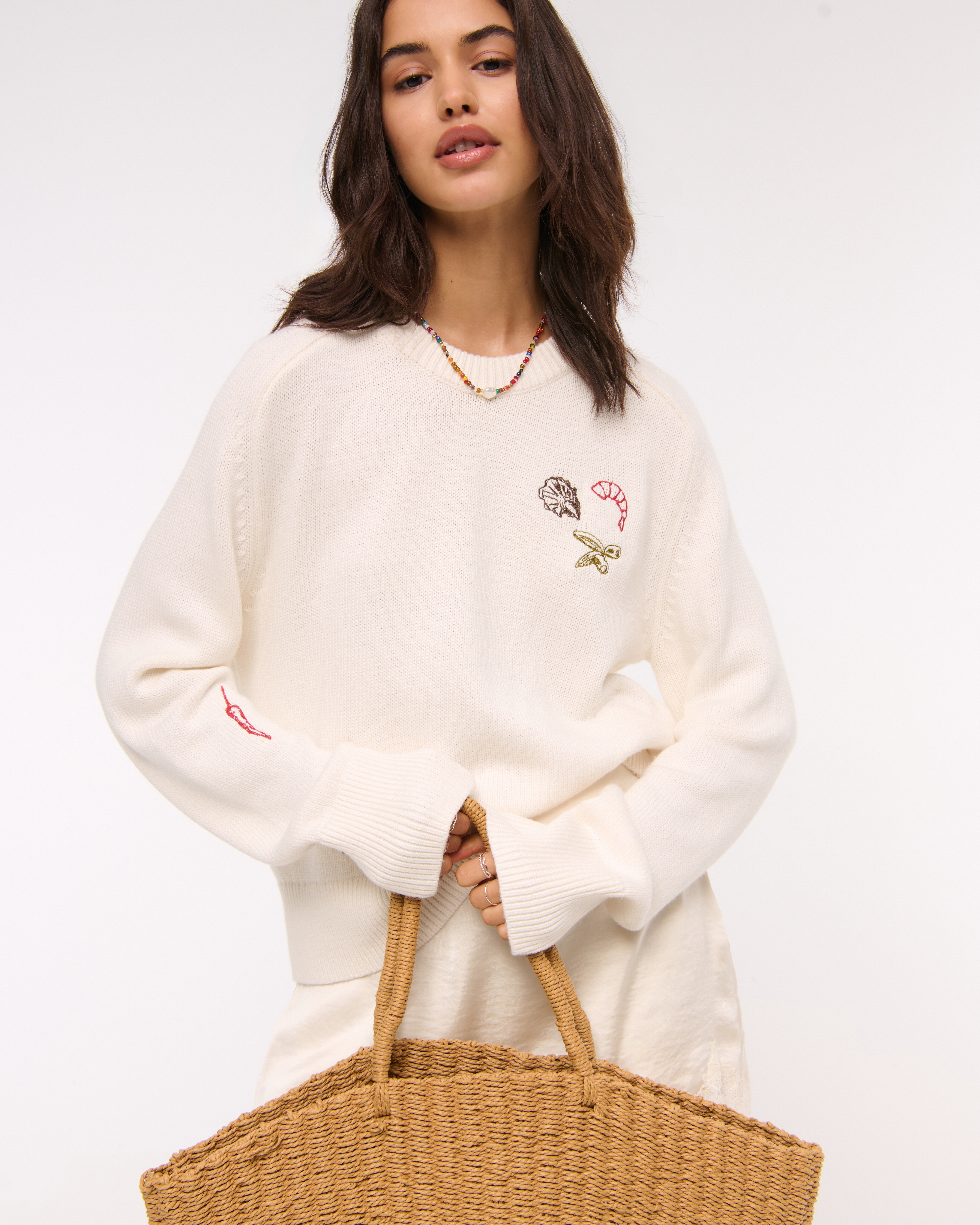 Abercrombie & Fitch The A&f Madeline Doodle Crew Sweater In White