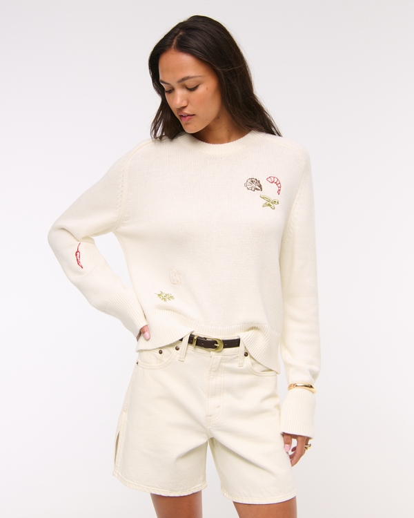 The A&F Madeline Doodle Crew Sweater, Cream view 1