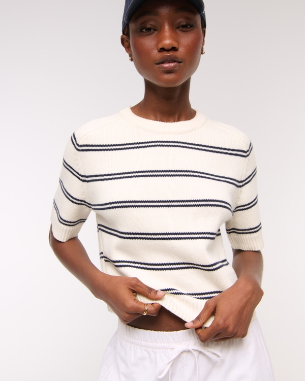 The A&F Madeline Crew Sweater Tee, Cream Stripe view 1