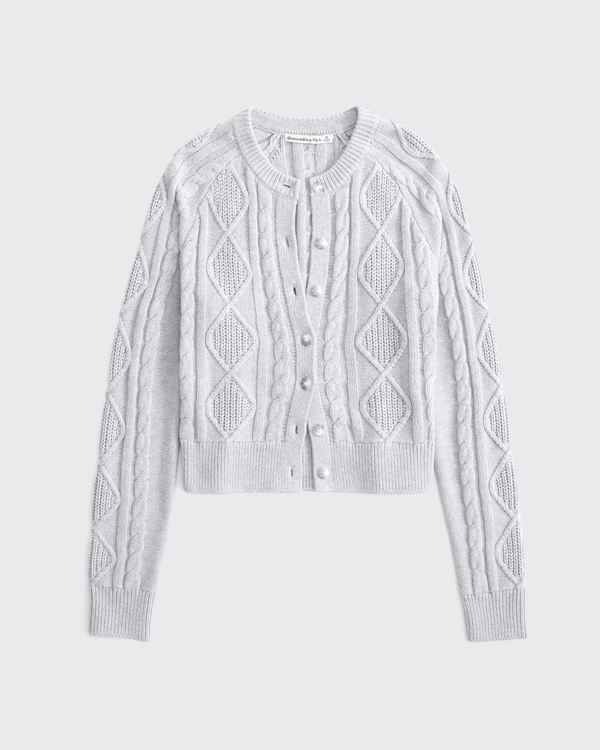 Cable-Knit Shrunken Crew Cardigan, Light Gray view 1