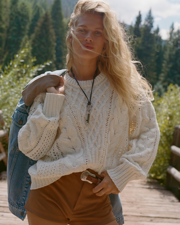 Textural Stitch Cable Crew Sweater, Cream view 1
