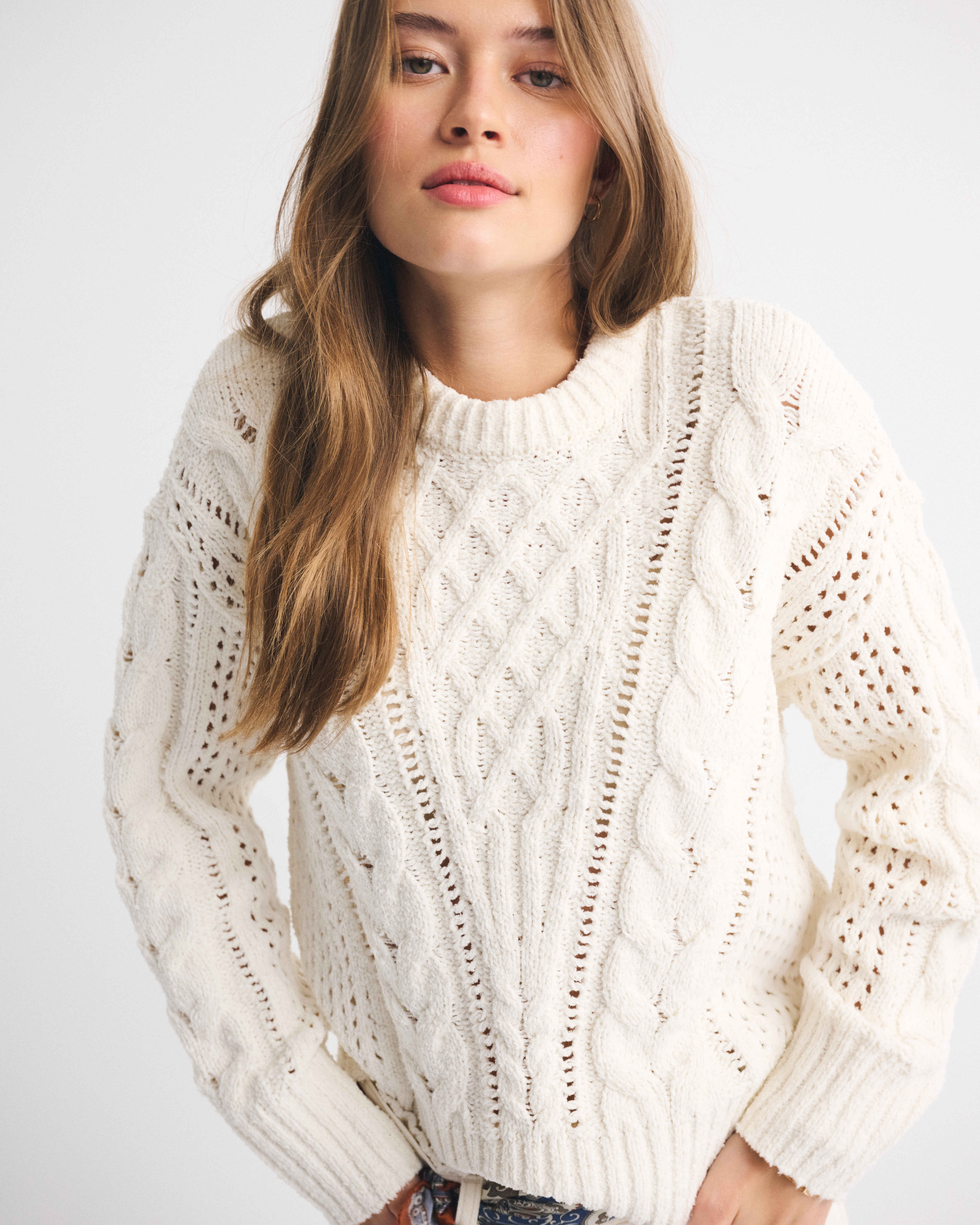 Abercrombie & Fitch Textural Stitch Cable Crew Sweater In White