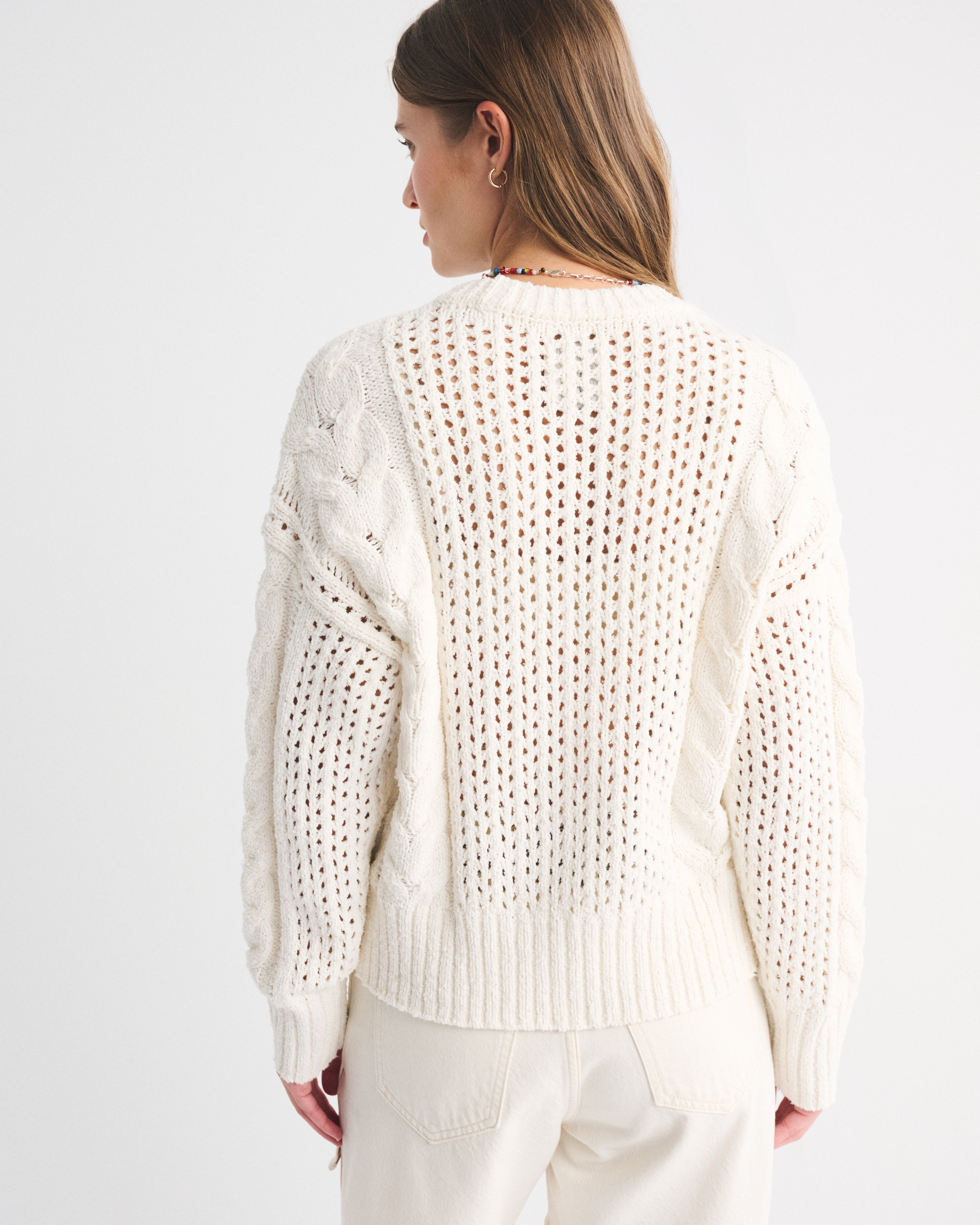 Abercrombie & Fitch Textural Stitch Cable Crew Sweater In White