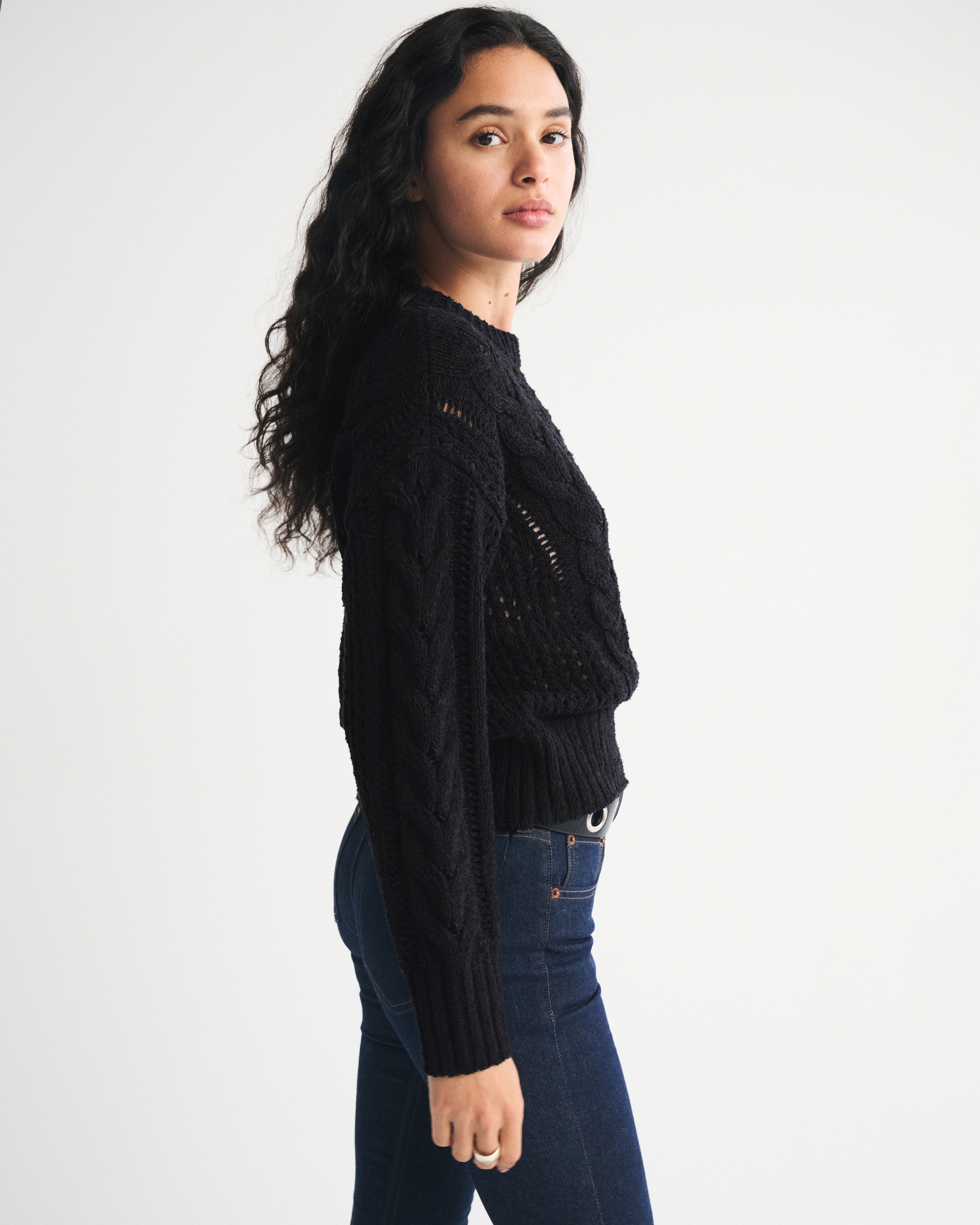 Abercrombie & Fitch Textural Stitch Cable Crew Sweater In Black