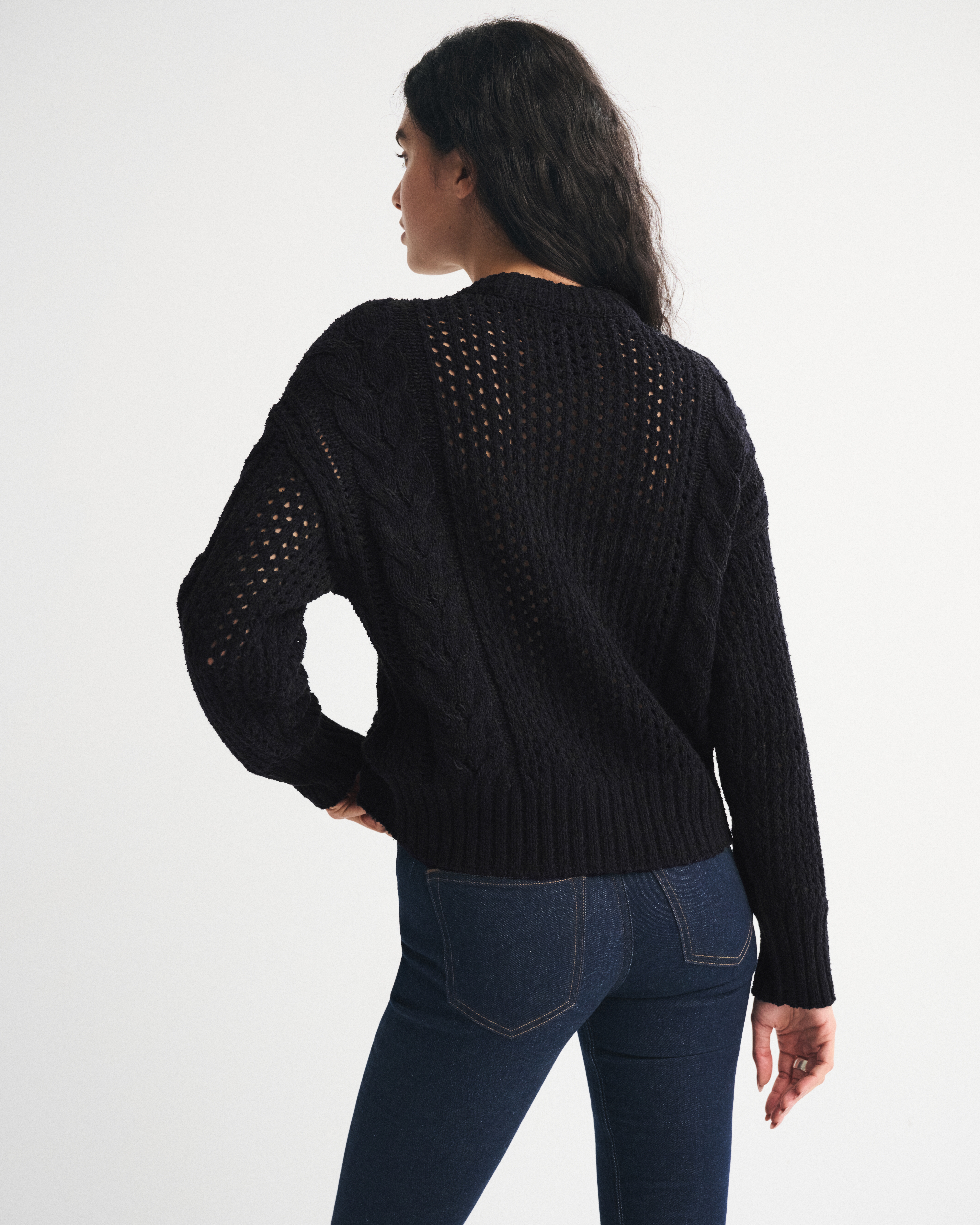 Abercrombie & Fitch Textural Stitch Cable Crew Sweater In Black