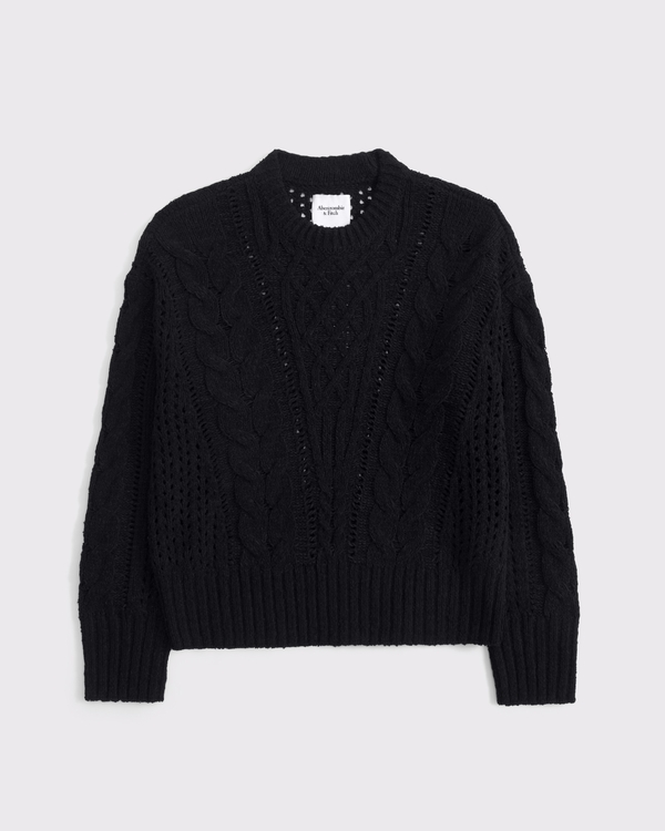 Textural Stitch Cable Crew Sweater, Black view 1