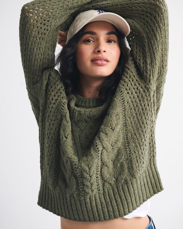 Textural Stitch Cable Crewneck Sweater, Olive Gray view 1