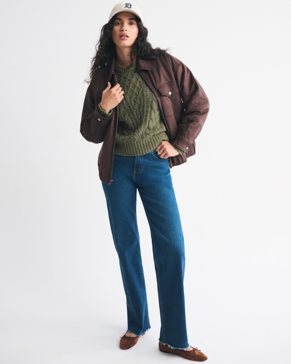 Textural Stitch Cable Crewneck Sweater, Olive Gray view 2