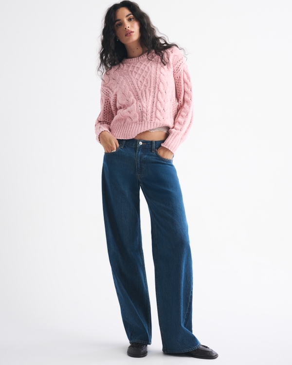 Textural Stitch Cable Crewneck Sweater, Pale Mauve view 2