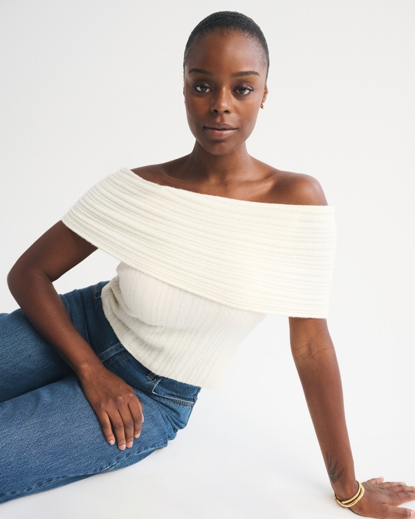 Ribbed Foldover Off-The-Shoulder Sweater Top, Cream view 1
