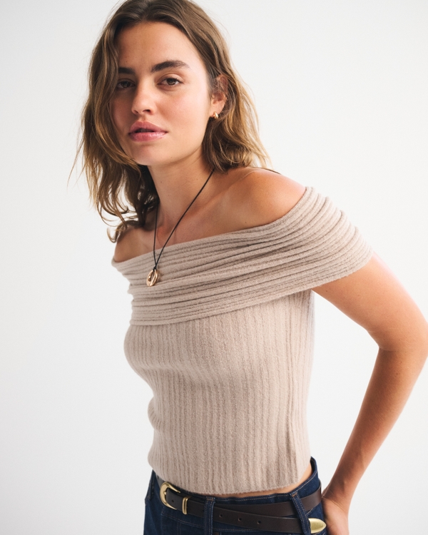 Ribbed Foldover Off-The-Shoulder Sweater Top