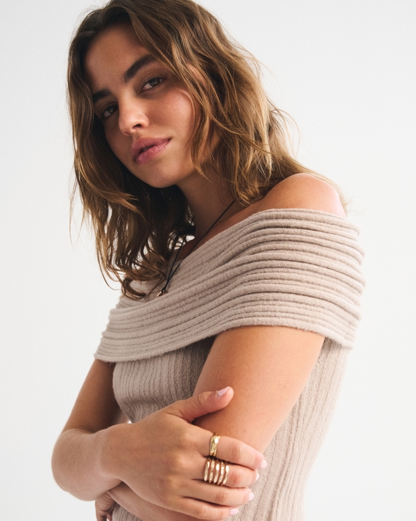 Ribbed Foldover Off-The-Shoulder Sweater Top