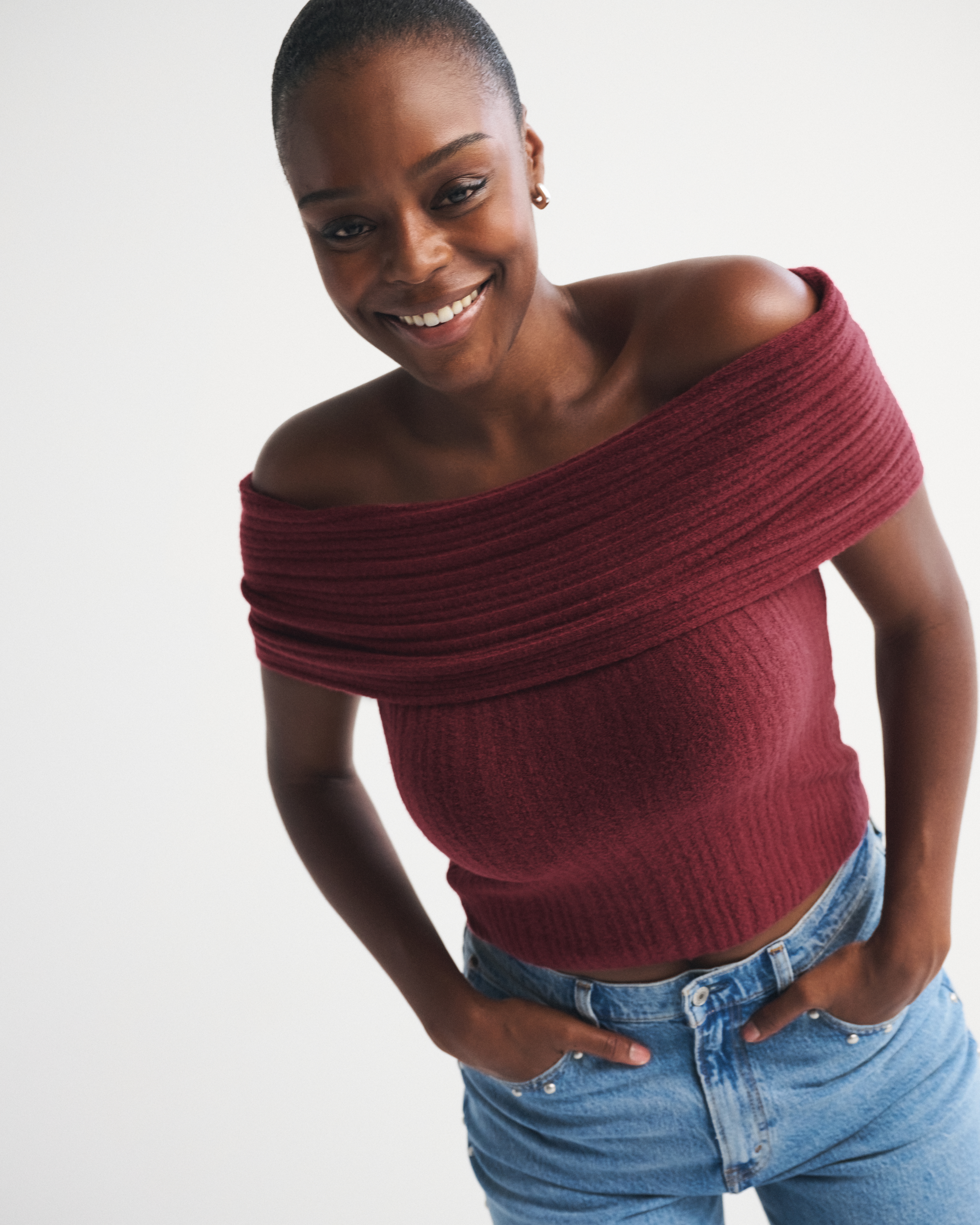 Abercrombie & Fitch Ribbed Foldover Off-the-shoulder Sweater Top In Red