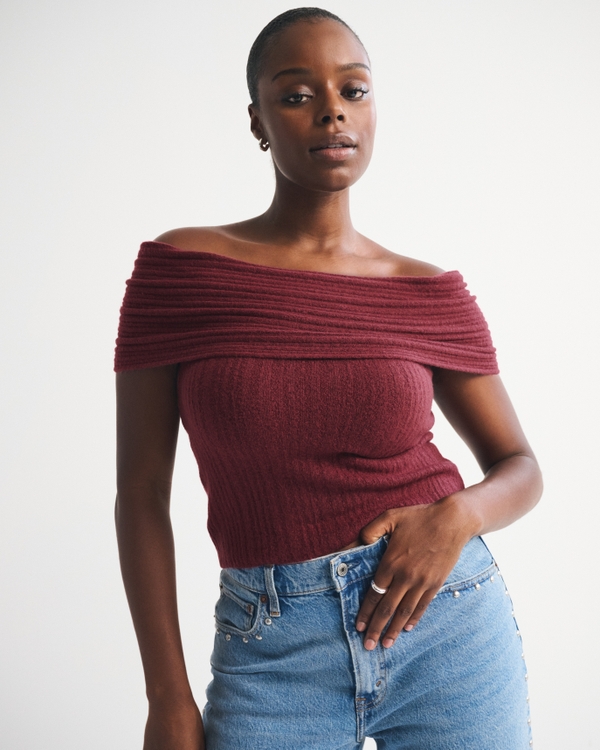 Ribbed Foldover Off-The-Shoulder Sweater Top