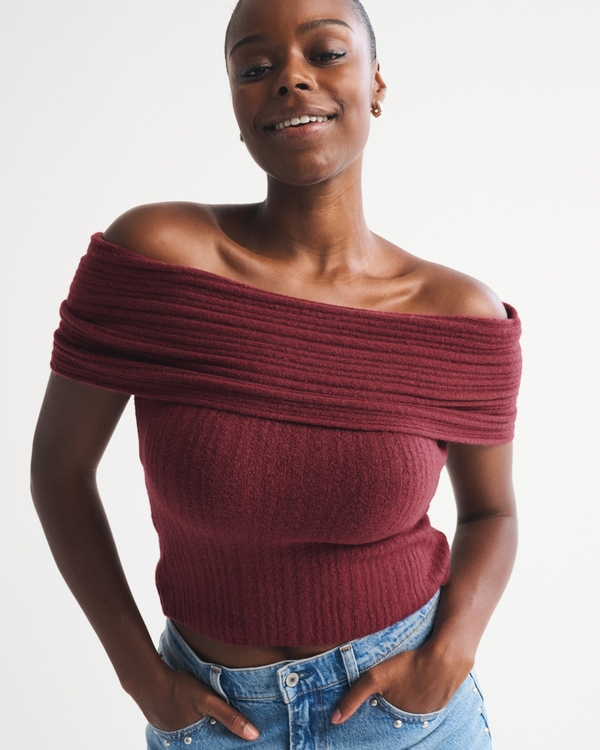 Ribbed Foldover Off-The-Shoulder Sweater Top