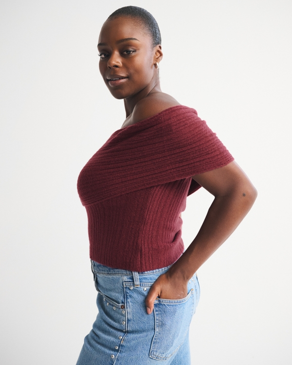 Ribbed Foldover Off-The-Shoulder Sweater Top