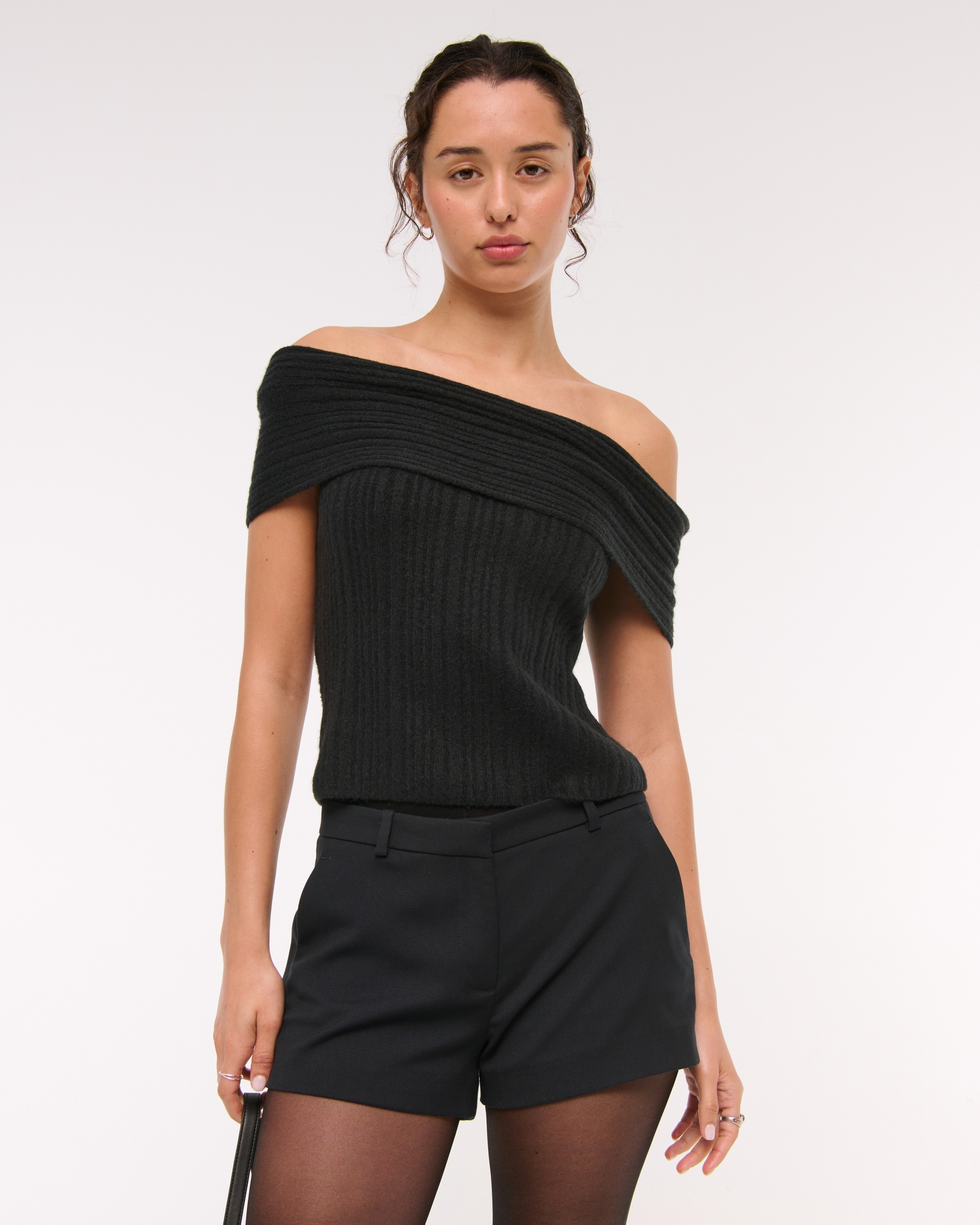 Ribbed Foldover Off-The-Shoulder Sweater Top