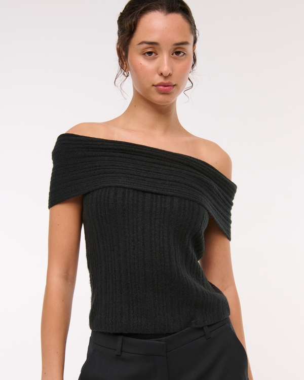 Ribbed Foldover Off-The-Shoulder Sweater Top