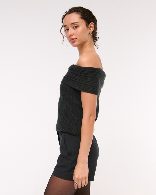 Ribbed Foldover Off-The-Shoulder Sweater Top