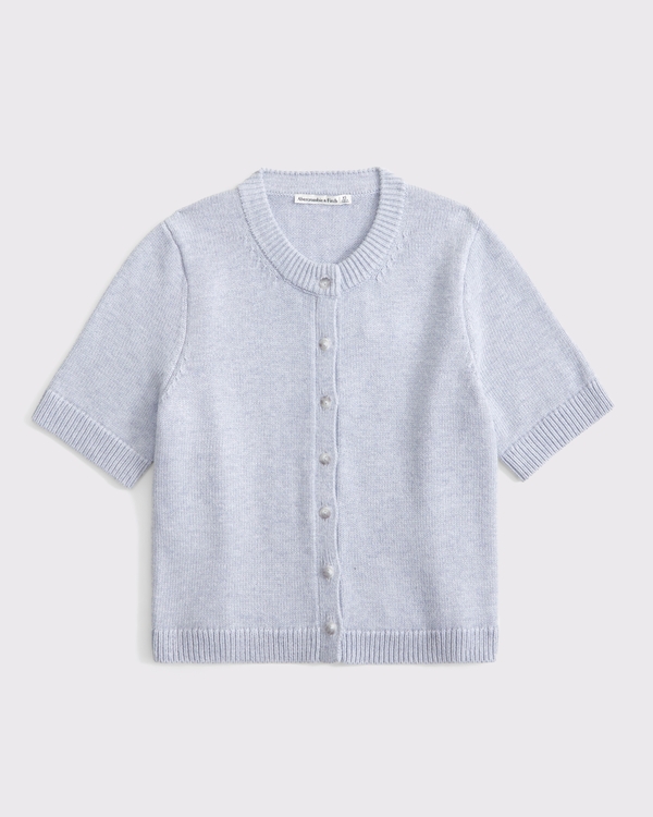Short-Sleeve Crew Cardigan, Light Gray view 1