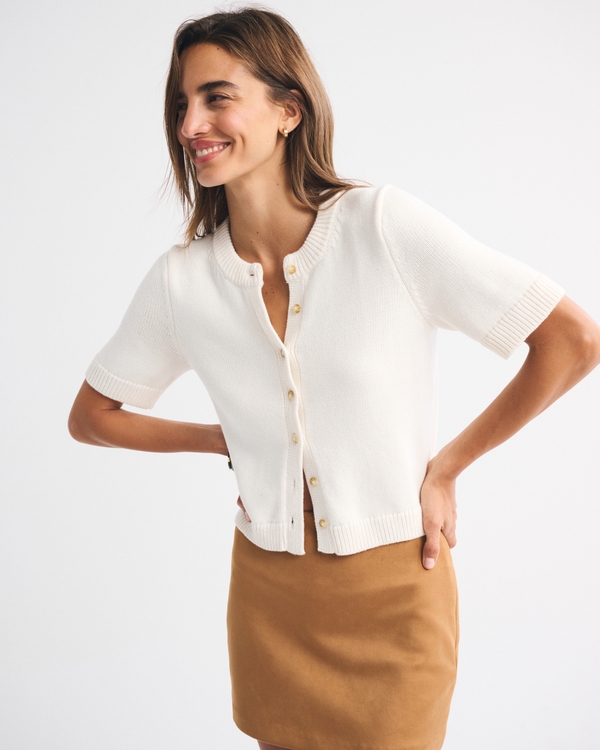 Short-Sleeve Crew Cardigan, Cream view 1