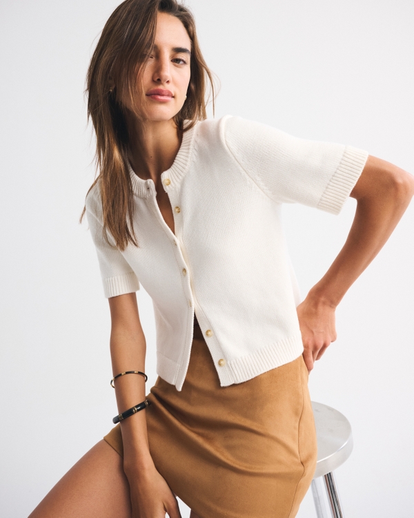 Short-Sleeve Crew Cardigan, Cream view 2