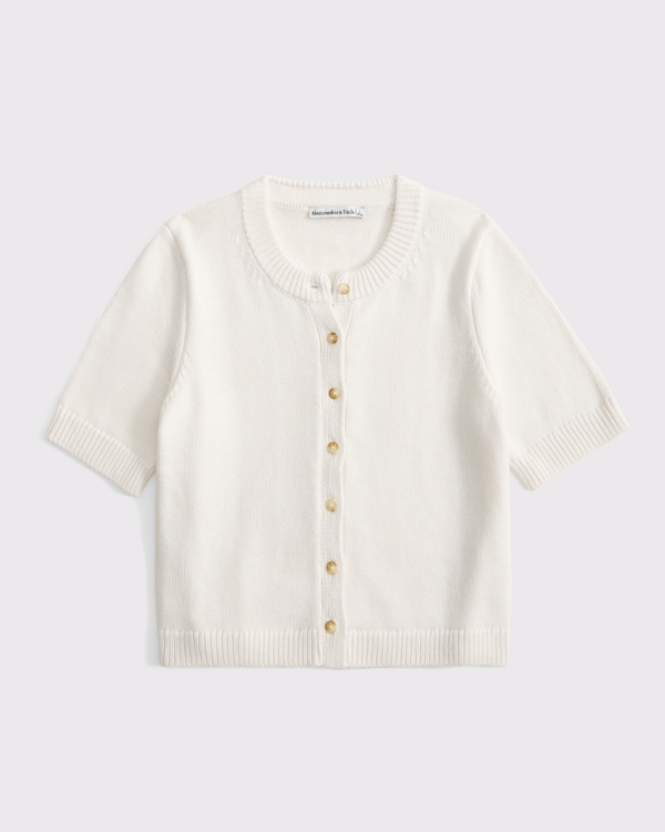 Short-Sleeve Crew Cardigan, Cream view 1