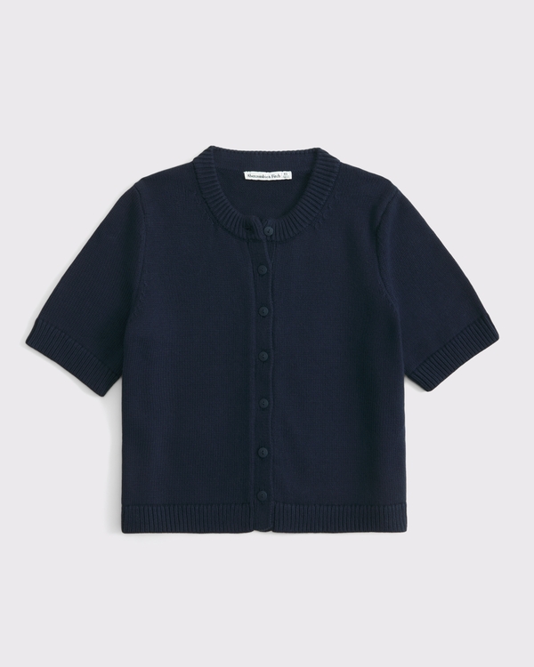 Short-Sleeve Crew Cardigan, Dark Indigo view 1