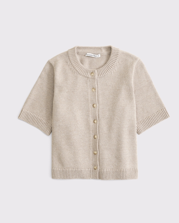Short-Sleeve Crew Cardigan, Sand view 1