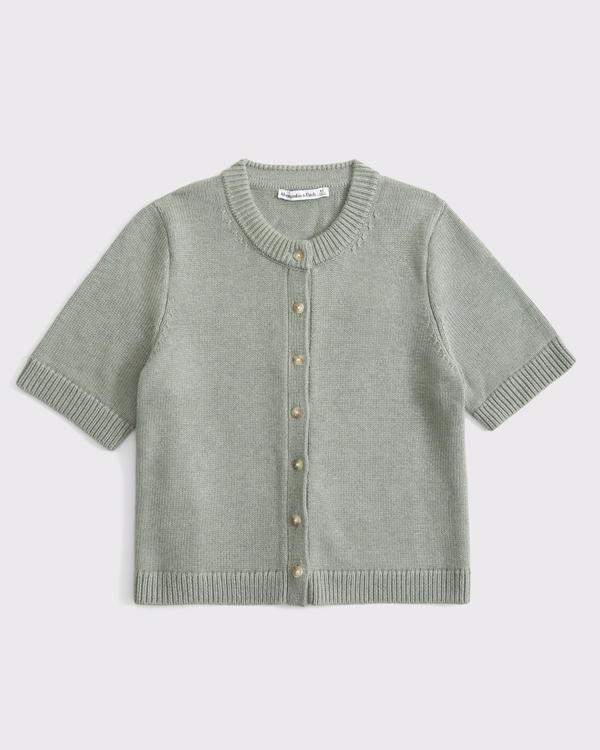 Short-Sleeve Crew Cardigan, Frosty Olive view 1