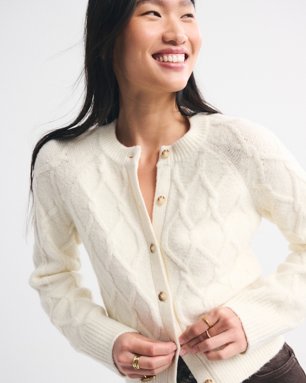 Cable-Knit Crew Cardigan, Cream view 1