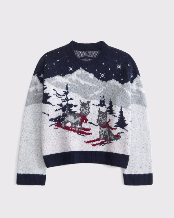 The A&F Madeline Ski Dogs Crew Sweater, Navy Pattern view 1